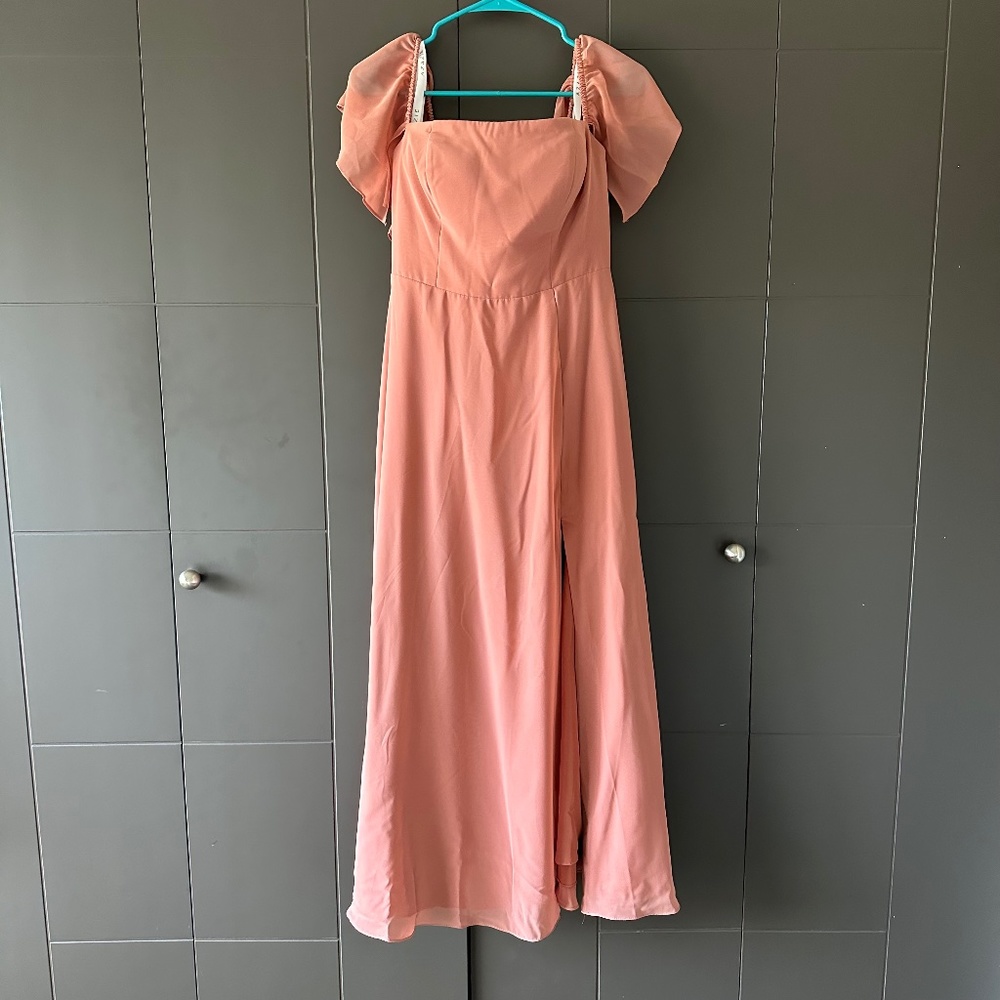Azazie Sue A-Line Off the Shoulder Chiffon Floor-Length Dress in Cedar Rose